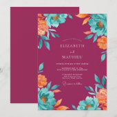 Invitation Mariage peint turquoise et prune de jardin (Devant / Derrière)