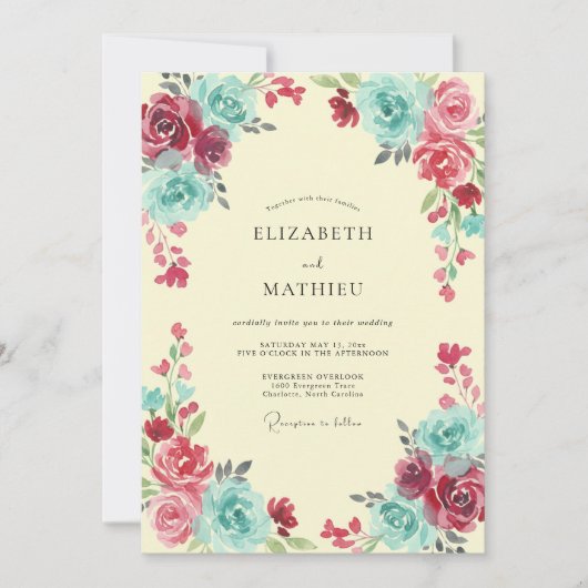 Invitation Mariage Peint Turquoise Magenta (Devant)
