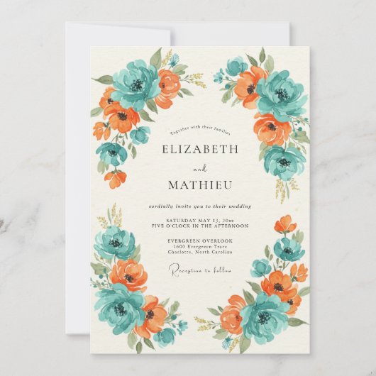 Invitation Mariage peint turquoise orange (Devant)