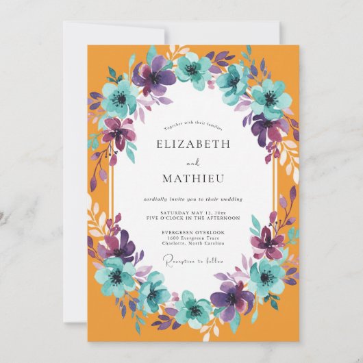 Invitation Mariage Peint Turquoise Tagète (Devant)