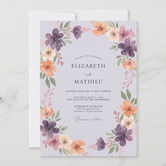 Invitation Mariage peint violet abricot (Devant)