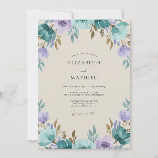 Invitation Mariage peint violet sarcelle vintage (Devant)