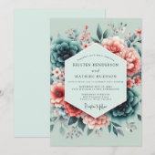 Invitation Mariage Peintre Corail Sarcelle (Devant / Derrière)