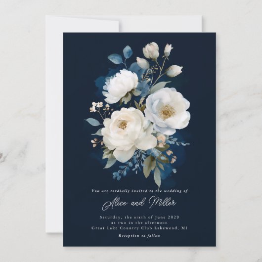 Invitation Mariage Peony bleu et blanc (Devant)