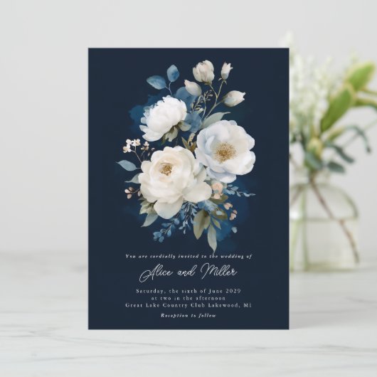 Invitation Mariage Peony bleu et blanc (Debout devant)