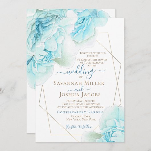 Invitation Mariage peony bleu poussiéreux mariage floral (Devant / Derrière)