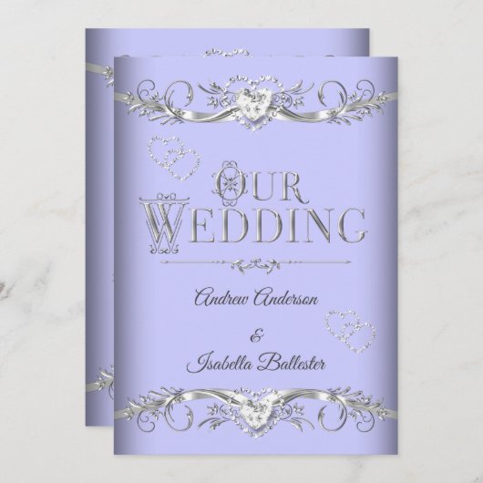 Invitation Mariage Periwinkle Blue Silver Diamond Hearts (Devant / Derrière)