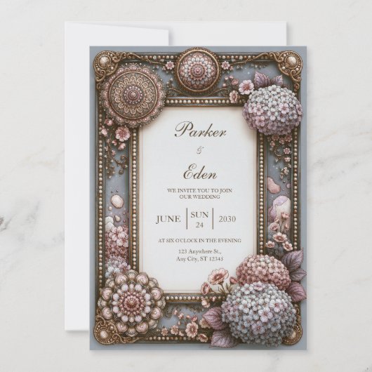 Invitation Mariage Perle Hydrangea Bleu Poussiéreux (Devant)