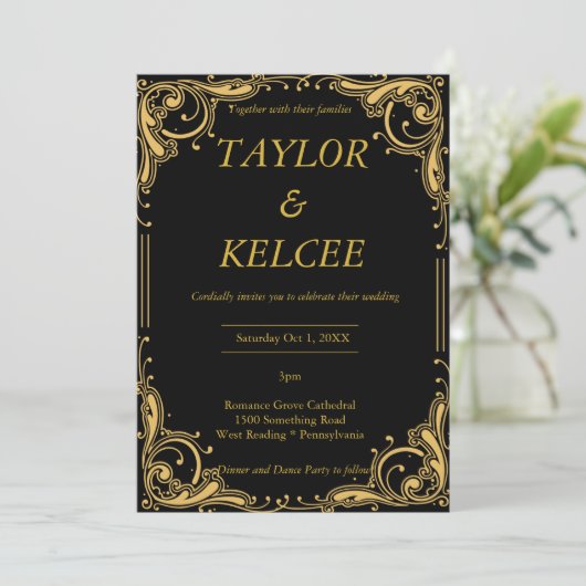 Invitation Mariage PERSONNALISABLE Black and Gold (Debout devant)