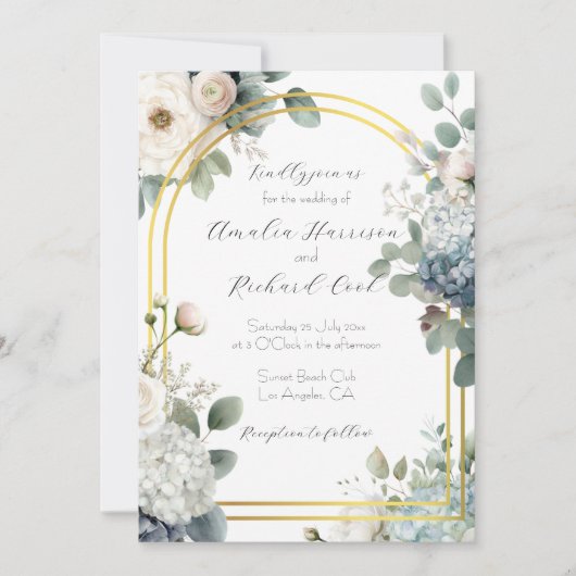 Invitation Mariage personnalisable Dusty Blue Gold Floral  (Devant)