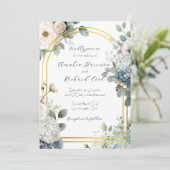 Invitation Mariage personnalisable Dusty Blue Gold Floral  (Debout devant)