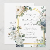 Invitation Mariage personnalisable Dusty Blue Gold Floral  (Devant / Derrière)