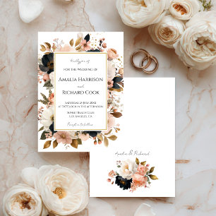 Invitation Mariage personnalisable Fleurs Or Pêche Noire