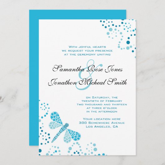 Invitation Mariage personnalisé de libellules bleues et blanc (Devant / Derrière)