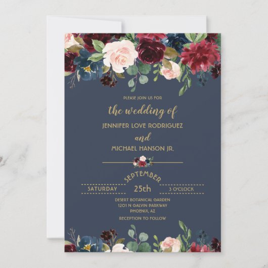 Invitation Mariage personnalisé fleurs navy bleu burgundy or (Devant)