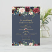 Invitation Mariage personnalisé fleurs navy bleu burgundy or (Debout devant)