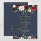 Invitation Mariage personnalisé fleurs navy bleu burgundy or (Devant / Derrière)