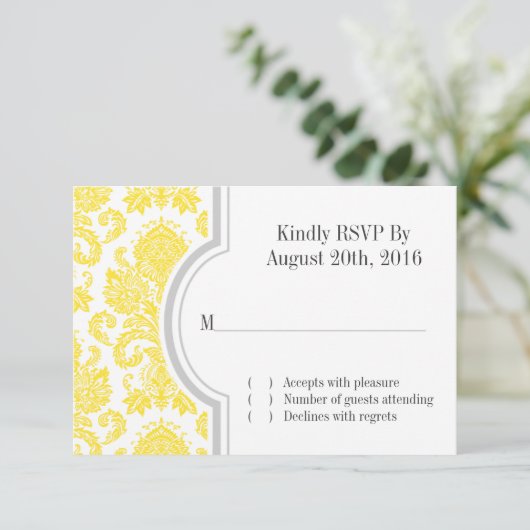 Invitation Mariage personnalisé Jaune Damas RSVP (Debout devant)