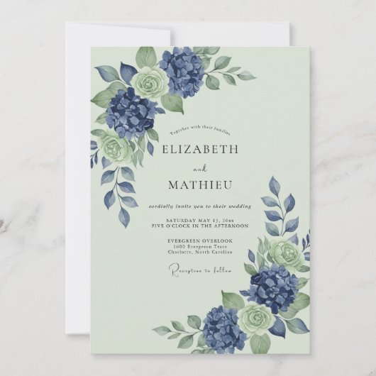 Invitation Mariage Pervenche Menthe Hydrangea Eucalyptus Atté (Devant)
