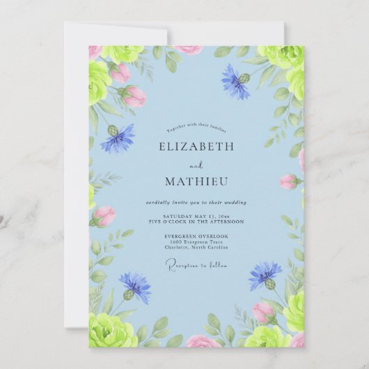 Invitation Mariage Pervenche Rose Bleuet Eucalyptus (Devant)