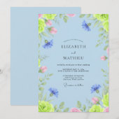 Invitation Mariage Pervenche Rose Bleuet Eucalyptus (Devant / Derrière)