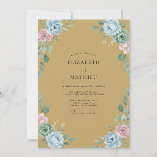 Invitation Mariage Pétale Aqua Moutarde (Devant)