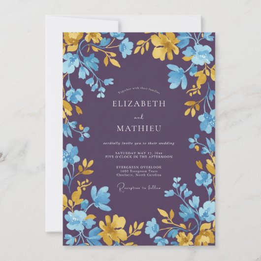 Invitation Mariage Pétale Azur Prune (Devant)