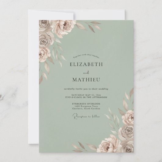Invitation Mariage Pétale Champagne Céladon (Devant)