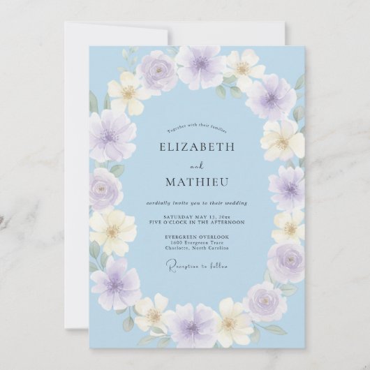 Invitation Mariage Pétale Crème Chaud Pervenche (Devant)