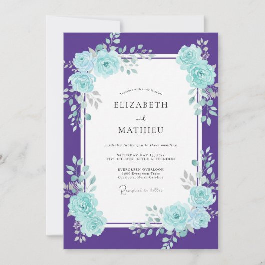 Invitation Mariage pétale cyan violet (Devant)