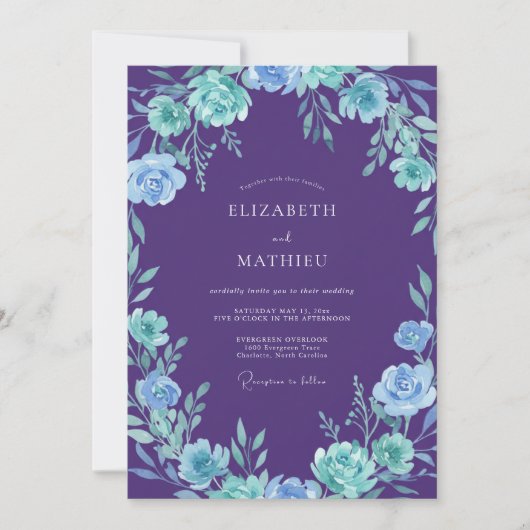 Invitation Mariage Pétale Cyan Violet Botanique (Devant)