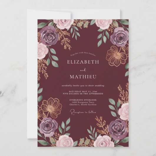 Invitation Mariage Pétale d'Améthyste Vin (Devant)