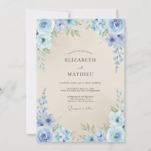 Invitation Mariage Pétale de Crème Antique Pervenche (Devant)