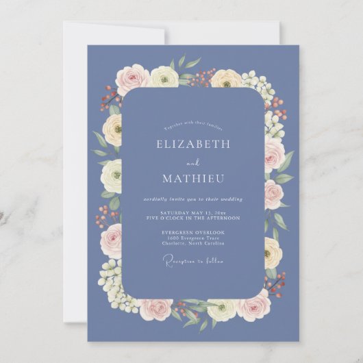 Invitation Mariage Pétale de Crème d'Ivoire Pervenche (Devant)