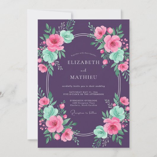 Invitation Mariage Pétale de Menthe Prune (Devant)