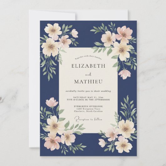Invitation Mariage pétale d'ivoire de minuit (Devant)