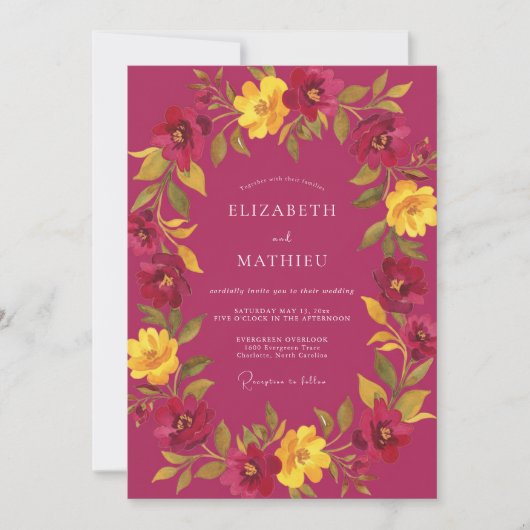Invitation Mariage Pétale Doré Magenta (Devant)