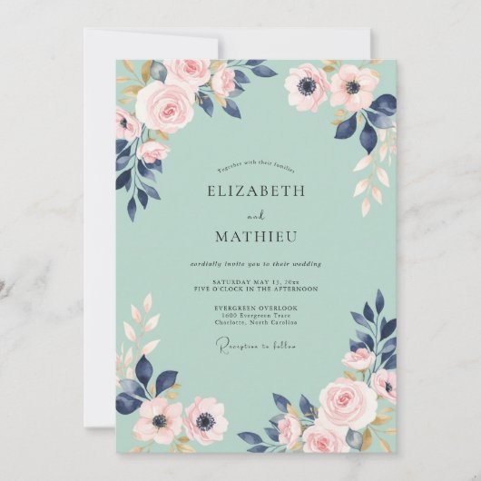 Invitation Mariage Pétale Indigo Menthe (Devant)