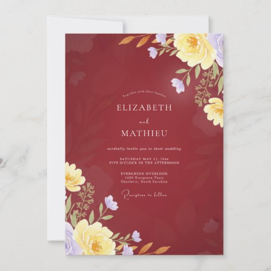 Invitation Mariage Pétale Jaune Bordeaux (Devant)