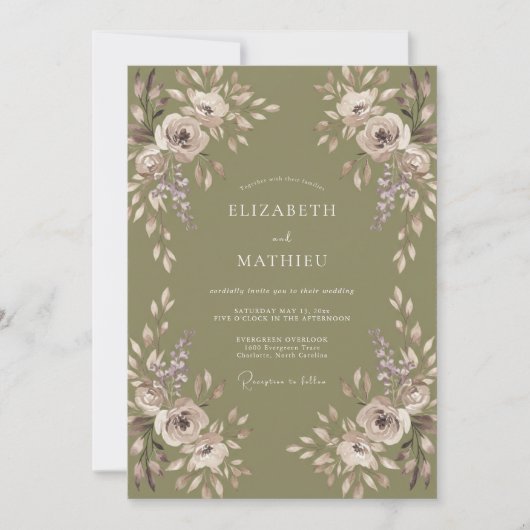 Invitation Mariage Pétale Mauve Olive (Devant)