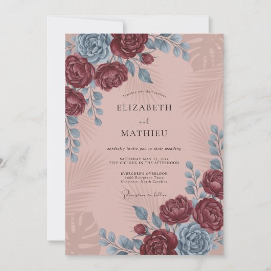 Invitation Mariage pétale rose blush vin (Devant)