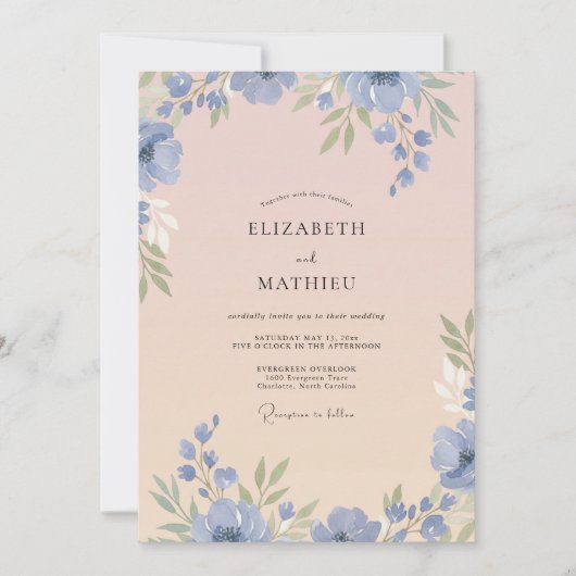 Invitation Mariage Pétale Rose Foncé Pervenche (Devant)