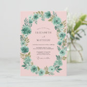 Invitation Mariage pétale rose sarcelle (Debout devant)