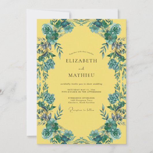 Invitation Mariage pétale turquoise moutarde (Devant)