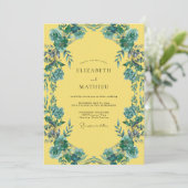 Invitation Mariage pétale turquoise moutarde (Debout devant)