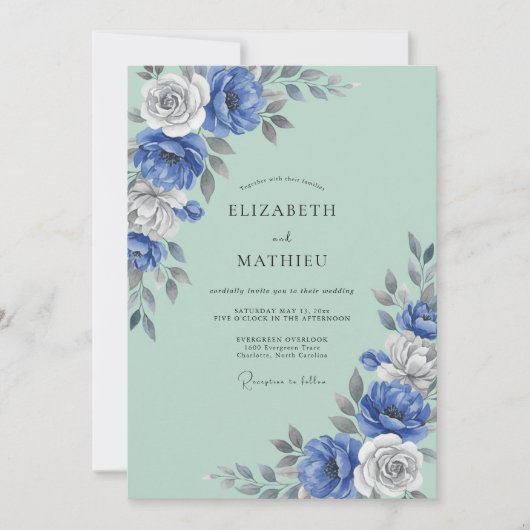Invitation Mariage Pétales de Menthe Bleuet (Devant)