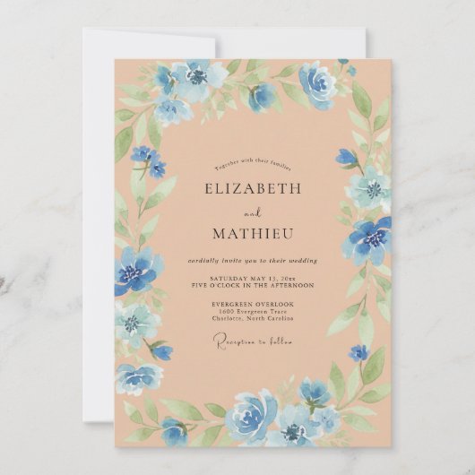 Invitation Mariage Pétales de Pêche Bleuet (Devant)