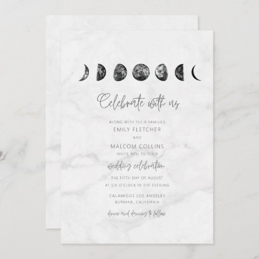 Invitation Mariage Phases de la lune de marbre gris céleste (Devant / Derrière)