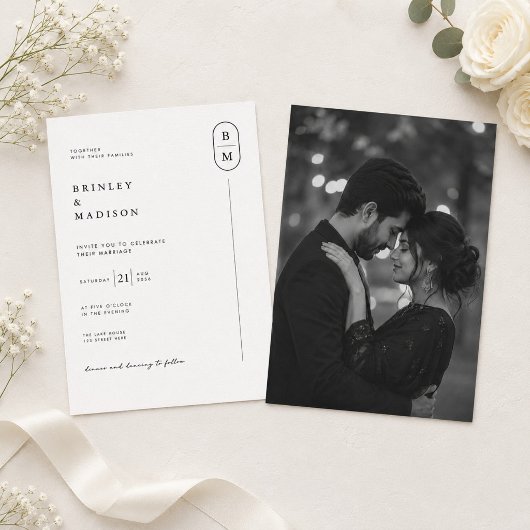 Invitation Mariage photo à monogramme moderne