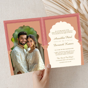 Invitation Mariage Photo Arch Indien Traditionnel Crème Rose